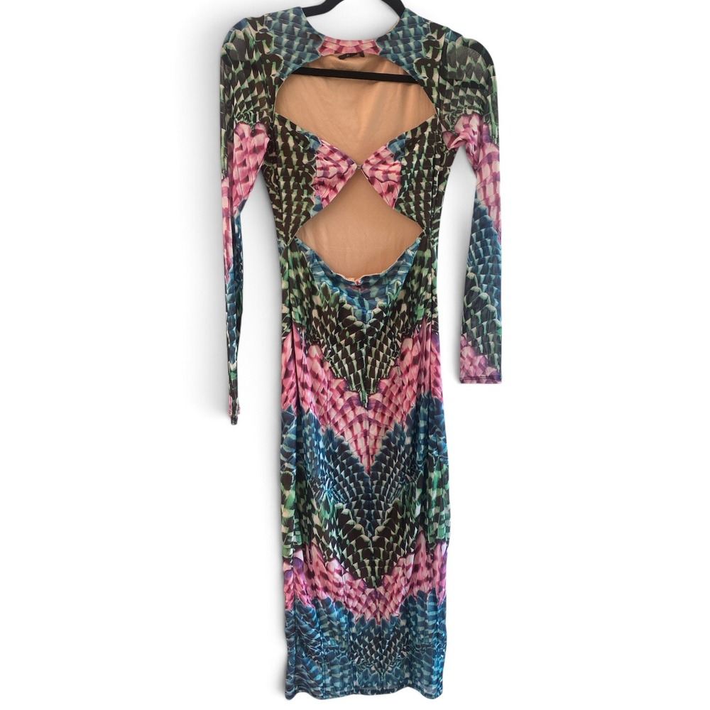 AFRM Multi Color Abstract Print Open Back Mesh Midi Dress Small AED020990FB23
